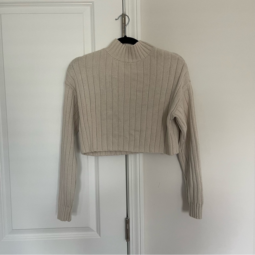 LA Hearts Beige Cropped Sweater | Ribbed Knit Mock Neck Pullover